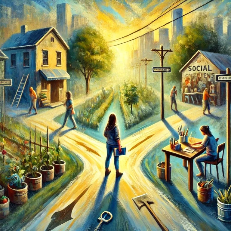 Peinture représentant une scène urbaine avec des personnes au croisement de plusieurs chemins. Une personne au centre observe les choix de direction vers une maison, un jardin, et un bâtiment social. Un enfant dessine sur une table à droite.