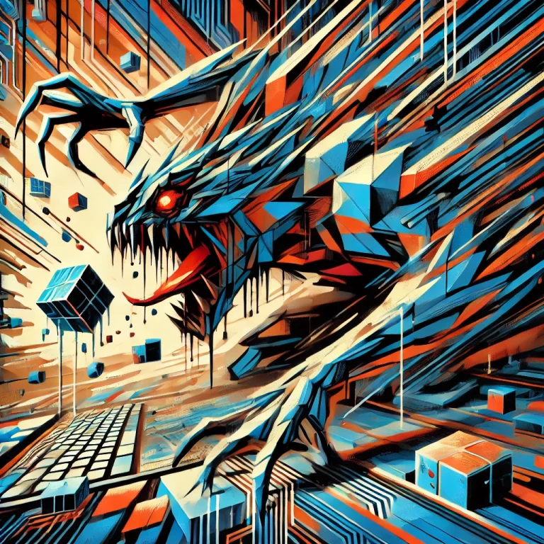 Art numérique abstrait : créature futuriste aux yeux rouges émergeant d'un chaos géométrique de lignes et formes en bleu, orange et noir, évoquant un paysage technologique dystopique