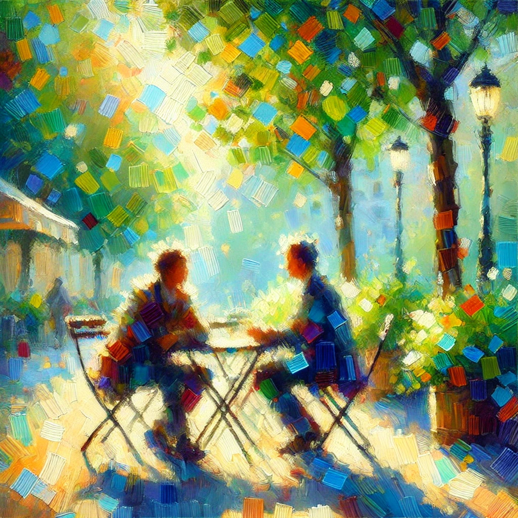 Peinture impressionniste : couple assis à une table de café en plein air, entouré d'arbres et de lampadaires, dans une ambiance lumineuse composée de touches de couleurs vives