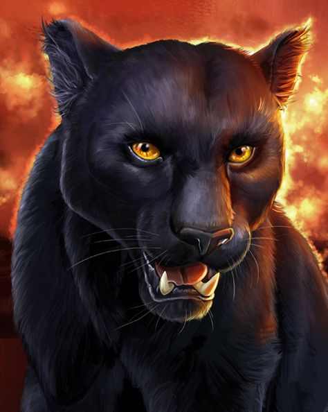 Portrait intense d'une panthère noire rugissante, yeux dorés brillants, sur fond de flammes orangées