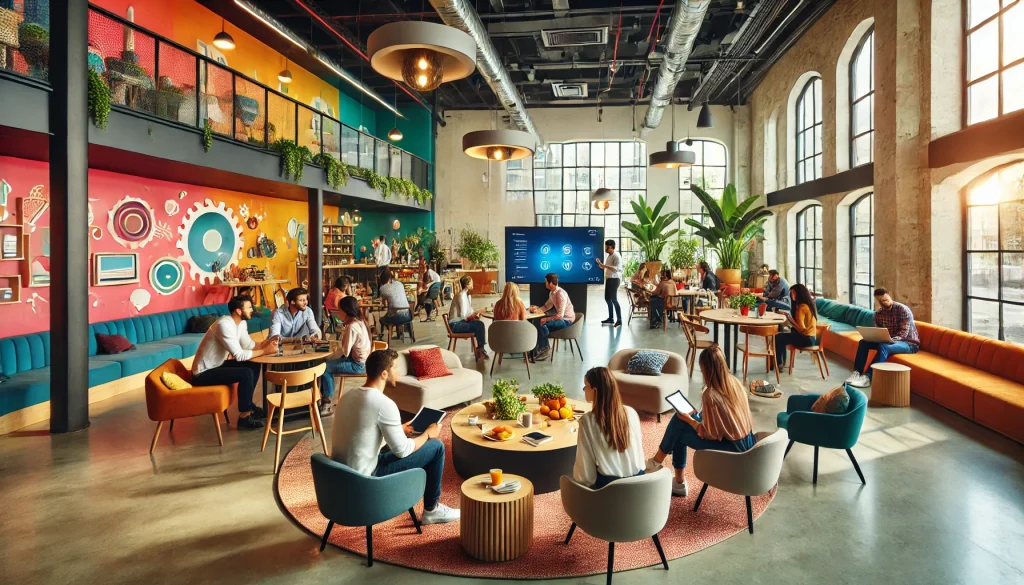 "Une salle de formation moderne et lumineuse avec de grandes fenêtres et des murs colorés. Les participants sont assis confortablement en petits groupes ou en cercle, certains utilisant des tablettes ou des ordinateurs portables. La salle est décorée avec des plantes vertes et des éléments de design créatifs. Un formateur utilise un grand écran tactile interactif. L'atmosphère est détendue et collaborative, avec des discussions animées et une ambiance conviviale."