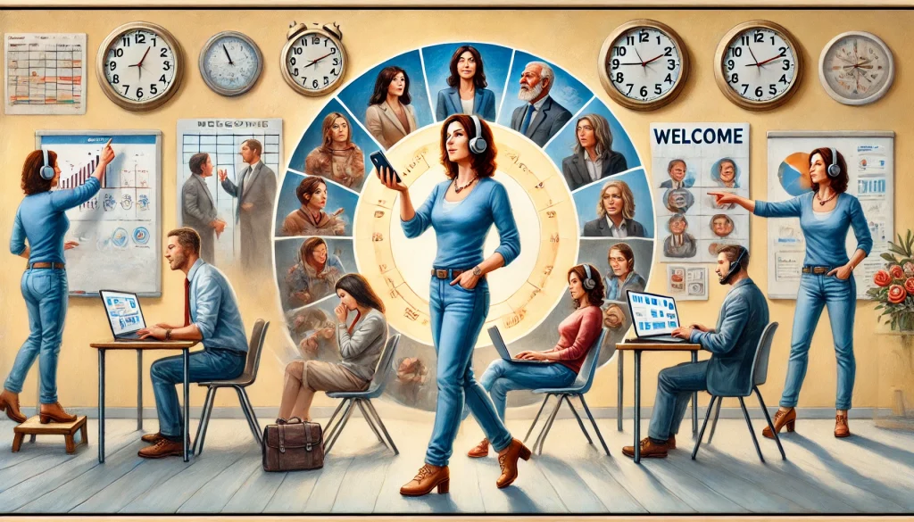 Illustration d'une femme centrale portant des écouteurs, entourée de multiples versions d'elle-même dans différentes activités de bureau, représentant la productivité et la communication mondiale. Des horloges montrant différentes heures mondiales et des portraits de collègues en arrière-plan complètent la scène.