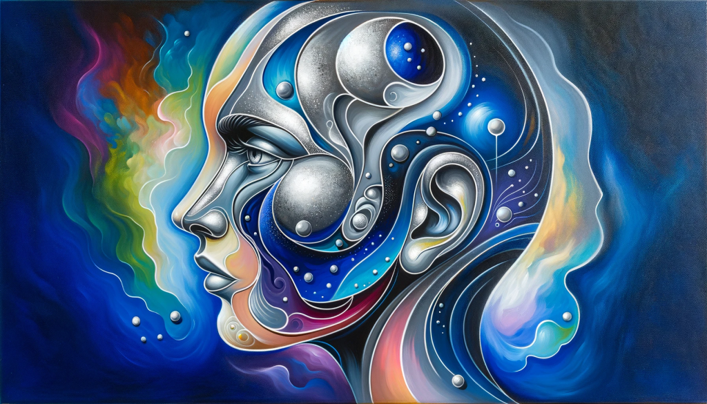 Peinture surréaliste d'un visage féminin de profil, composé de formes fluides argentées et bleues évoquant l'espace, entouré d'auras colorées et de motifs cosmiques