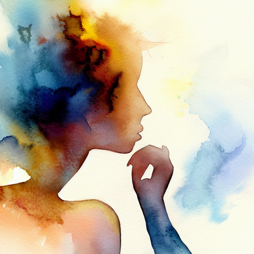 Peinture à l'aquarelle abstraite d'un profil féminin, avec des teintes vibrantes de bleu, jaune et rouge formant ses cheveux et sa silhouette sur un fond clair.