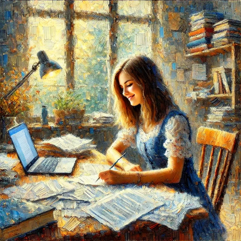 "Tableau impressionniste d'une apprenante rédigeant le chapitre 3 de son dossier technique d'examen. La scène montre une jeune femme assise à un bureau dans une pièce chaleureuse et bien éclairée, souriant en se remémorant son stage. La pièce est remplie de papiers, de livres et d'un ordinateur portable. Les touches de pinceau sont distinctes, avec des coups de peinture visibles créant un effet texturé. Les couleurs sont douces et mélangées, avec des coups de pinceau délicats créant une atmosphère calme et nostalgique. En arrière-plan, une fenêtre laisse entrer la lumière naturelle, et une étagère est remplie de matériaux de référence. L'ensemble dégage une ambiance sereine, studieuse et réfléchie."