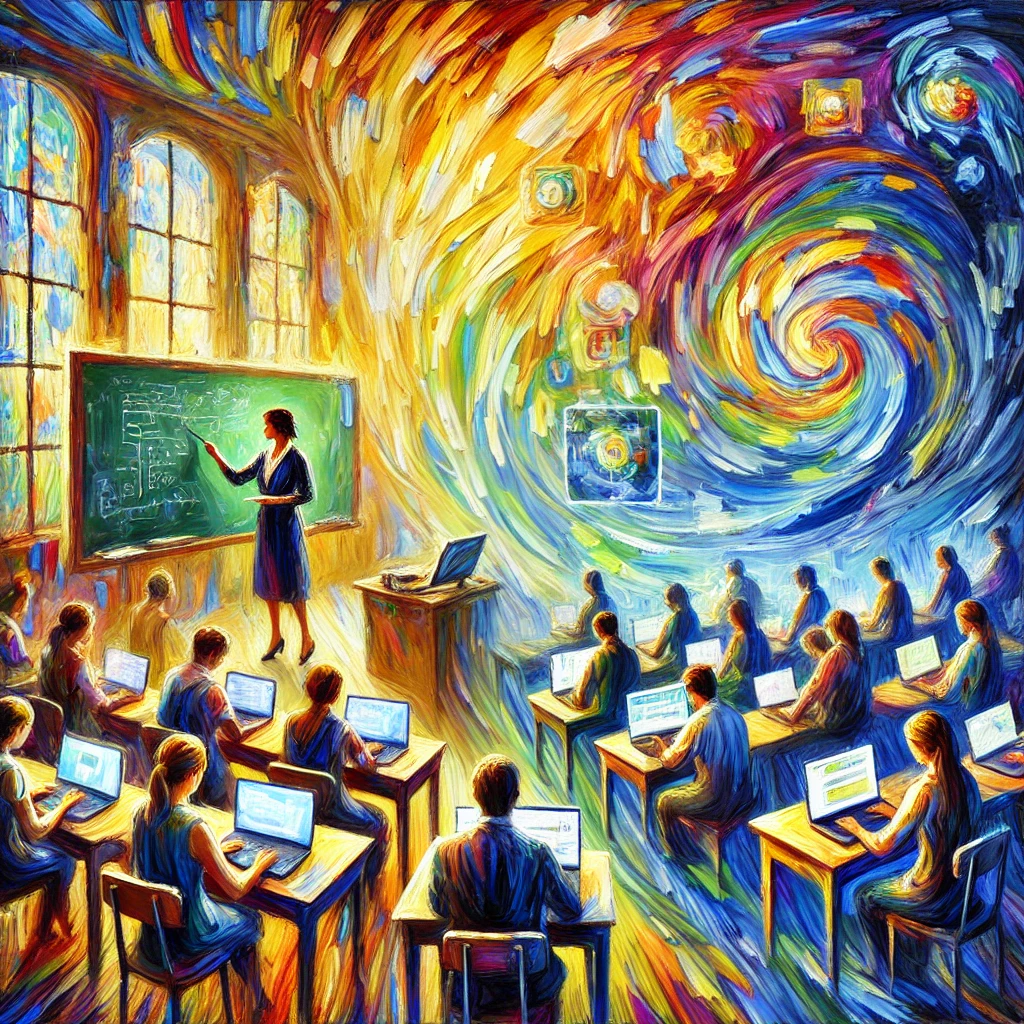 Une peinture impressionniste divisée en trois sections, représentant l'évolution des méthodes d'enseignement. À gauche, une scène de classe traditionnelle avec une formatrice devant un tableau noir, s'adressant à des apprenants adultes assis à des bureaux, capturée avec des coups de pinceau vibrants. Au centre, une scène d'apprentissage hybride avec un mélange d'éléments traditionnels et numériques, comme des ordinateurs portables et un grand écran affichant du contenu digital, avec des couleurs vives et des bords flous typiques de l'impressionnisme. À droite, un environnement d'apprentissage entièrement numérique avec des traits abstraits et tourbillonnants illustrant la formatrice et les apprenants connectés via des ordinateurs, exprimant l'aspect virtuel avec des couleurs vives et un mouvement dynamique. L'ensemble de la peinture est un mélange harmonieux de couleurs et de lumière, caractéristique de l'art impressionniste.
