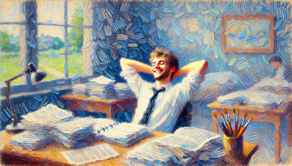 Une peinture de style impressionniste représentant un apprenant détendu et heureux après avoir reçu des conseils. L'apprenant affiche une expression détendue et souriante, entouré de son travail bien organisé. Le fond est serein, avec des couleurs douces et mélangées et des coups de pinceau visibles typiques de l'art impressionniste. L'atmosphère est apaisante et positive, mettant l'accent sur le sentiment de déstresse et de tranquillité."