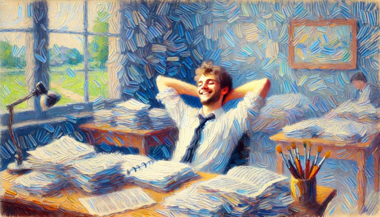 Une peinture de style impressionniste représentant un apprenant détendu et heureux après avoir reçu des conseils. L'apprenant affiche une expression détendue et souriante, entouré de son travail bien organisé. Le fond est serein, avec des couleurs douces et mélangées et des coups de pinceau visibles typiques de l'art impressionniste. L'atmosphère est apaisante et positive, mettant l'accent sur le sentiment de déstresse et de tranquillité."