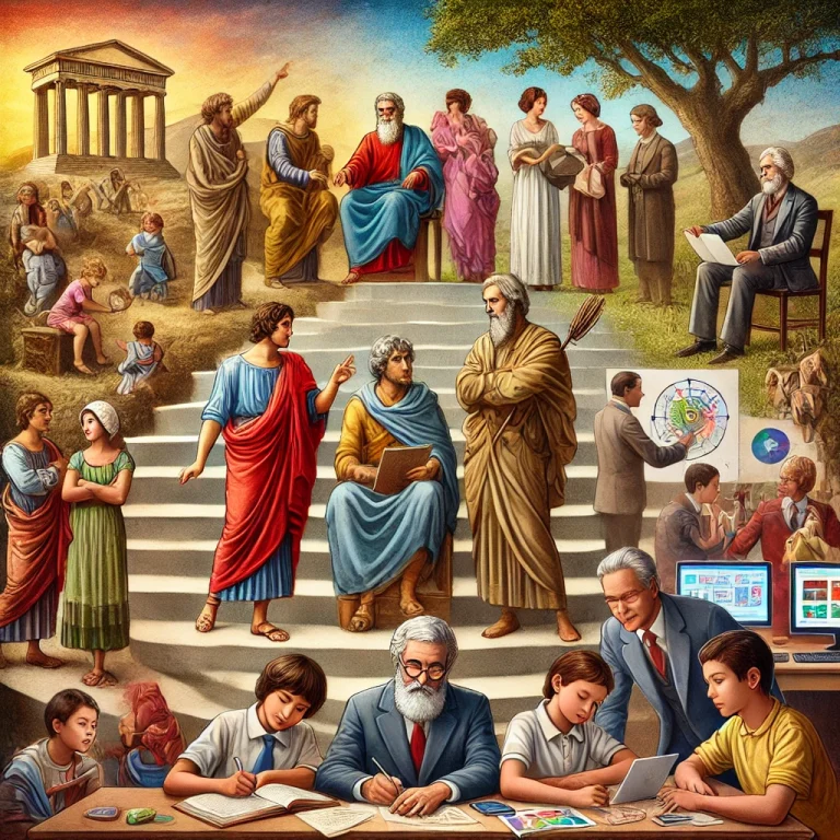 Une illustration de l'évolution des approches d'apprentissage actif de l'antiquité à nos jours.. La première scène montre un philosophe grec ancien discutant profondément avec un étudiant, représentant la méthode de questionnement. La scène suivante représente un enseignant du 18e siècle guidant un enfant dans la nature, symbolisant l'apprentissage par l'exploration et l'expérience. La troisième scène se déroule dans un cadre académique du 20e siècle, où des éducateurs discutent d'idées tandis que des enfants participent à des interactions sociales et à des expériences pratiques. La scène finale montre une salle de classe moderne avec des étudiants divers utilisant des outils numériques et participant à des activités de groupe, illustrant les méthodes d'apprentissage actif contemporaines. L'ensemble de la composition suit une progression chronologique des philosophies éducatives."