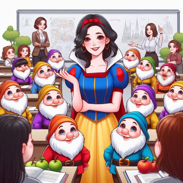 Cette image illustre une analogie créative entre les sept nains de l'histoire de Blanche-Neige et différents profils d'apprenants au sein d'une dynamique de groupe. Au centre de l'image, une figure féminine, ressemblant à Blanche-Neige, représente l'enseignante ou la facilitatrice, entourée de sept nains, chacun avec des expressions uniques, symbolisant la diversité des personnalités et des styles d'apprentissage dans une classe. Les nains, avec leurs couleurs vives et leurs expressions variées, incarnent différents types d'apprenants : certains attentifs et curieux, d'autres plus réservés ou espiègles. Cette représentation visuelle met en avant l'idée que, tout comme les nains ont chacun leur propre caractère, chaque apprenant a ses propres besoins et forces au sein d'un groupe. Les enseignantes en arrière-plan semblent encourager et guider cette diversité, soulignant l'importance d'une approche pédagogique adaptée à chaque profil pour favoriser une dynamique de groupe harmonieuse et productive.