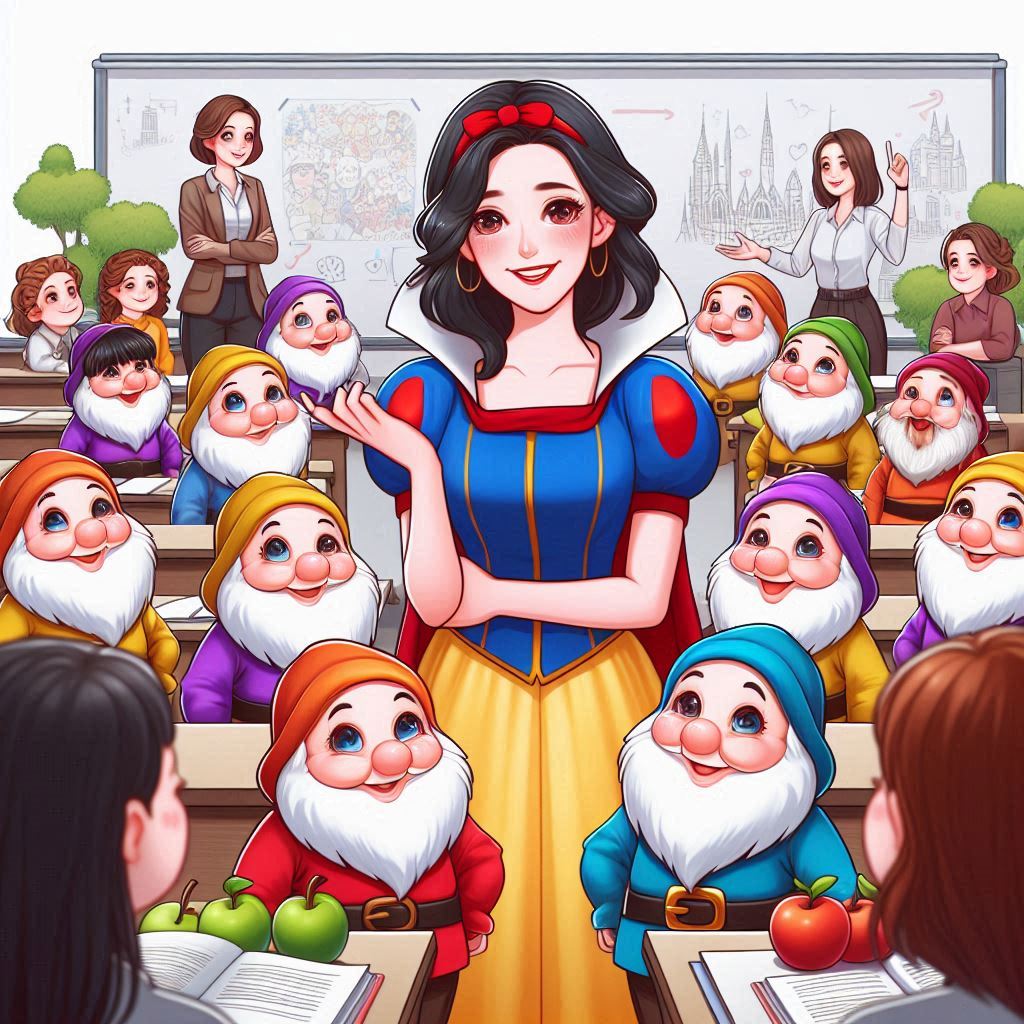 Cette image illustre une analogie créative entre les sept nains de l'histoire de Blanche-Neige et différents profils d'apprenants au sein d'une dynamique de groupe. Au centre de l'image, une figure féminine, ressemblant à Blanche-Neige, représente l'enseignante ou la facilitatrice, entourée de sept nains, chacun avec des expressions uniques, symbolisant la diversité des personnalités et des styles d'apprentissage dans une classe. Les nains, avec leurs couleurs vives et leurs expressions variées, incarnent différents types d'apprenants : certains attentifs et curieux, d'autres plus réservés ou espiègles. Cette représentation visuelle met en avant l'idée que, tout comme les nains ont chacun leur propre caractère, chaque apprenant a ses propres besoins et forces au sein d'un groupe. Les enseignantes en arrière-plan semblent encourager et guider cette diversité, soulignant l'importance d'une approche pédagogique adaptée à chaque profil pour favoriser une dynamique de groupe harmonieuse et productive.