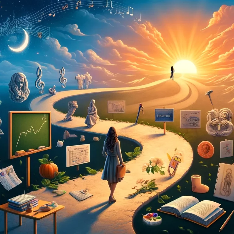 Illustration d'une femme marchant le long d'un chemin sinueux, symbolisant les étapes de sa vie. À gauche, un tableau noir brisé représente son départ de l'école à seize ans. Plus loin, des livres ouverts symbolisent son retour aux études. Une scène dans un hôpital montre la femme soignant un patient, symbolisant son travail dans les soins. Plus loin, une salle de classe illustre son partage de connaissances. Elle se tient enfin au sommet d'une colline, tenant un pinceau et une palette, entourée de toiles et de sculptures, représentant son amour pour l'art. Le ciel est parsemé de notes de musique, symbolisant la danse de son esprit, tandis que le soleil se lève à l'horizon, incarnant l'espoir et l'expansion continue de sa vie. Des pages blanches flottent dans le vent, symbolisant l'invitation à écrire sa propre histoire