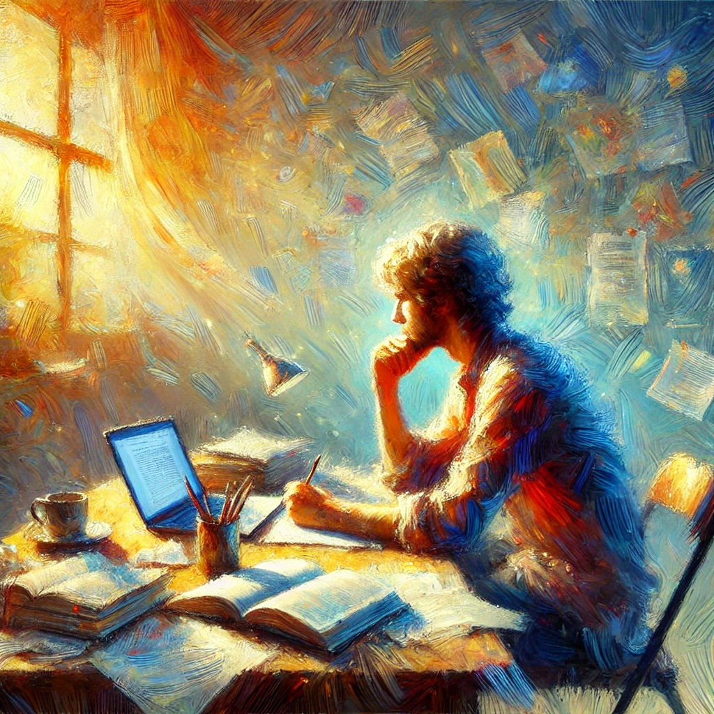 Une peinture de style impressionniste représentant un apprenant assis à un bureau, profondément concentré sur l'écriture de son chapitre 4. L'apprenant est entouré de papiers et de livres, avec un carnet ouvert devant lui. Son expression est réfléchie, indiquant une intense concentration. Le bureau comporte également un ordinateur portable ouvert, des documents éparpillés, et une tasse de café. Le fond est rempli de couleurs chaudes et vibrantes, créant une atmosphère créative et contemplative. La lumière du soleil traverse une fenêtre, projetant une douce lumière sur la scène, renforçant l'ambiance de réflexion et d'étude.