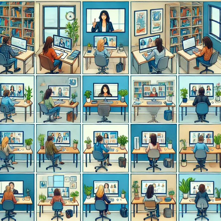 Illustration représentant un environnement d'e-learning où plusieurs apprenants sont chacun dans leur propre cadre domestique distinct. Chaque apprenant est assis à son bureau avec un ordinateur, dans des pièces séparées, avec des arrière-plans uniques tels que des étagères, des plantes ou des œuvres d'art, mettant en évidence qu'ils sont chez eux. Sur leurs écrans, un formateur est visible, dirigeant la classe virtuelle. L'image montre clairement que les apprenants sont dans des lieux différents, mais restent connectés grâce à la formation en ligne."