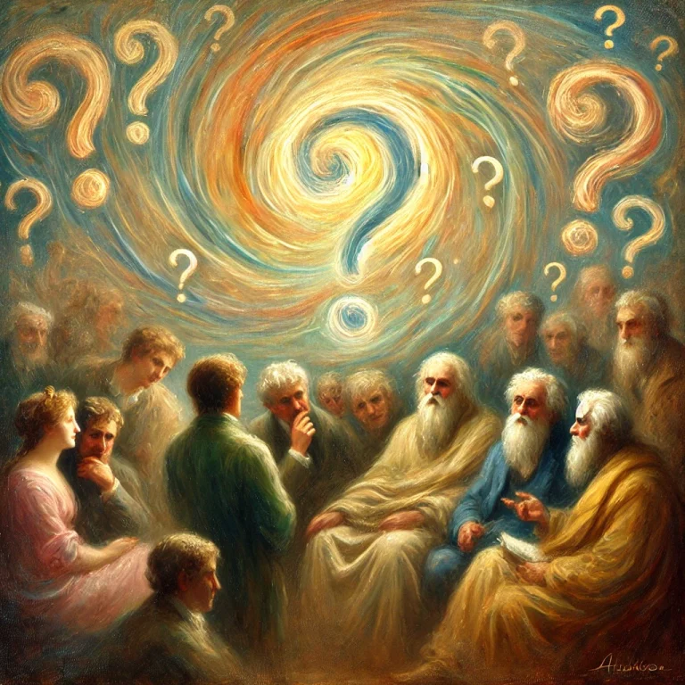 Peinture impressionniste représentant la maïeutique avec Socrate discutant avec un groupe de personnes. Des points d'interrogation sont subtilement intégrés dans les formes et les contours des figures et de l'arrière-plan.