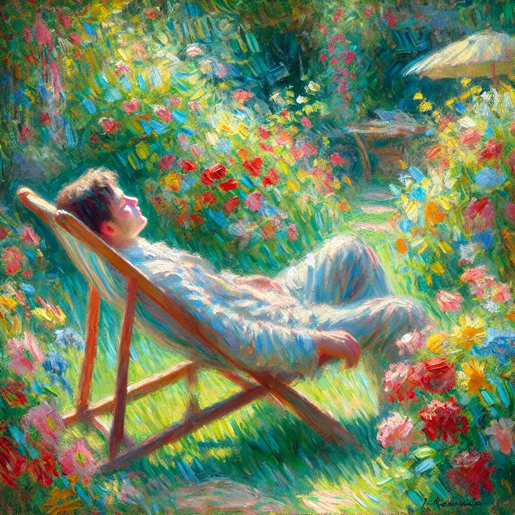 Illustration impressionniste d'un personnage allongé dans un transat, entouré d'un jardin coloré en pleine floraison. Le personnage a une expression paisible, profitant du calme. Les fleurs aux couleurs vives, comme le rouge, le rose et le jaune, contrastent avec les verts doux et les bleus du décor. La lumière du soleil éclaire doucement la scène, créant une ambiance sereine et rêveuse.