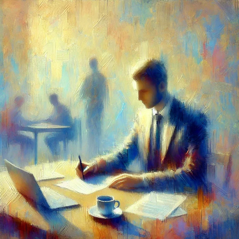Tableau impressionniste représentant une personne concentrée à un bureau, rédigeant un document professionnel. L'environnement suggère un cadre de travail calme, avec des papiers, un ordinateur portable et une tasse de café sur le bureau. Les couleurs vont des tons pastel doux à des nuances plus vives autour de la personne, symbolisant la progression et l'accomplissement."