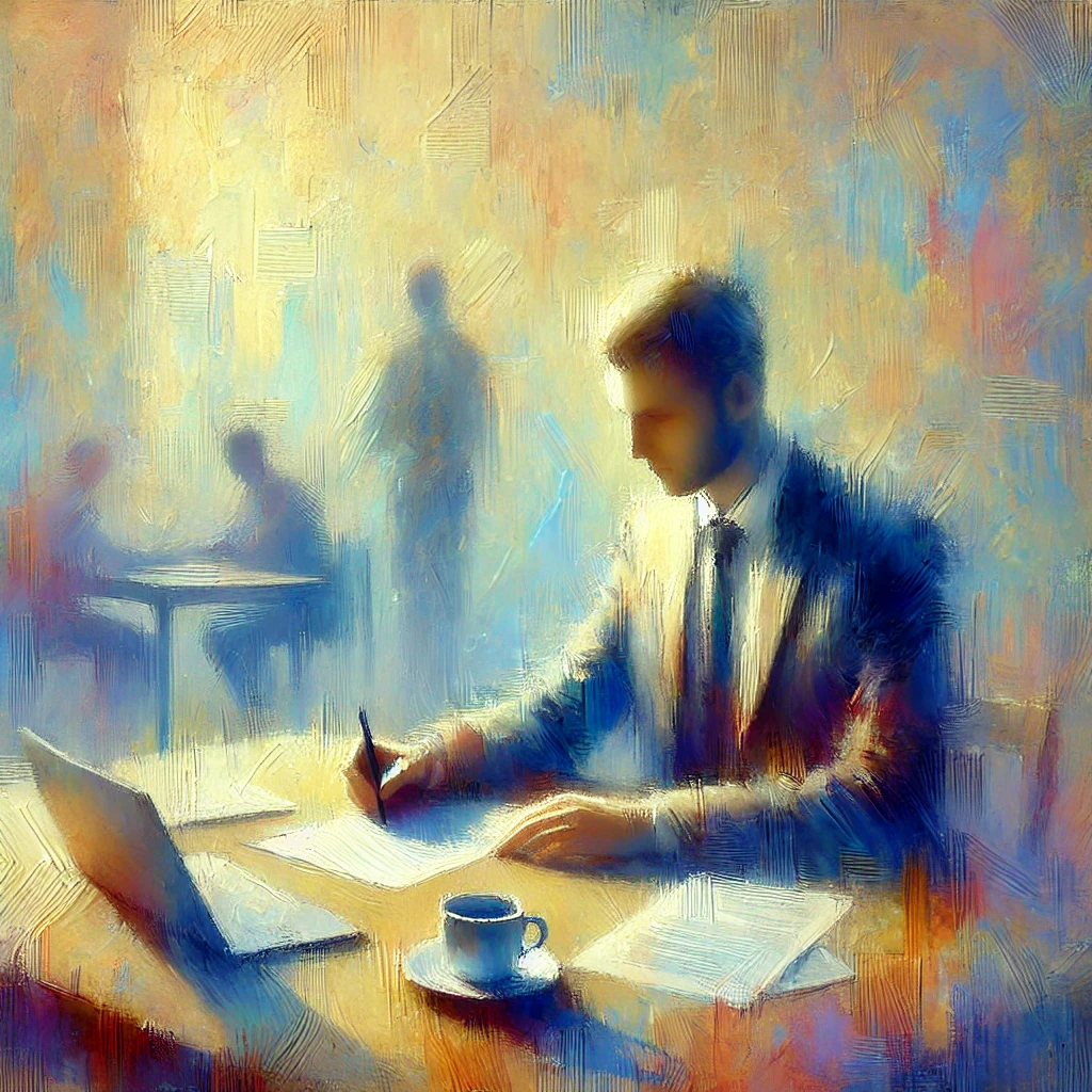 Tableau impressionniste représentant une personne concentrée à un bureau, rédigeant un document professionnel. L'environnement suggère un cadre de travail calme, avec des papiers, un ordinateur portable et une tasse de café sur le bureau. Les couleurs vont des tons pastel doux à des nuances plus vives autour de la personne, symbolisant la progression et l'accomplissement."