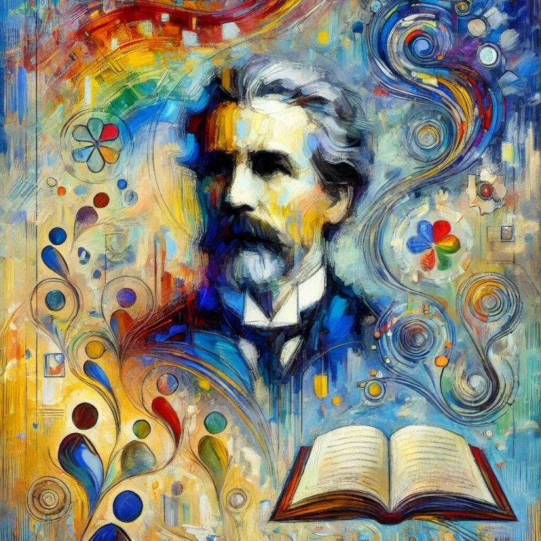 Affiche en style impressionniste avec un portrait central d'un auteur en pédagogie. Le fond est composé de coups de pinceau doux qui se fondent et s'intensifient en couleurs vers le centre. Autour du portrait se trouvent des éléments abstraits représentant des livres ouverts, des textes flottants et des symboles pédagogiques. Les couleurs vives et créatives, principalement en bleu, jaune et rouge, évoquent une atmosphère de créativité et d'apprentissage.