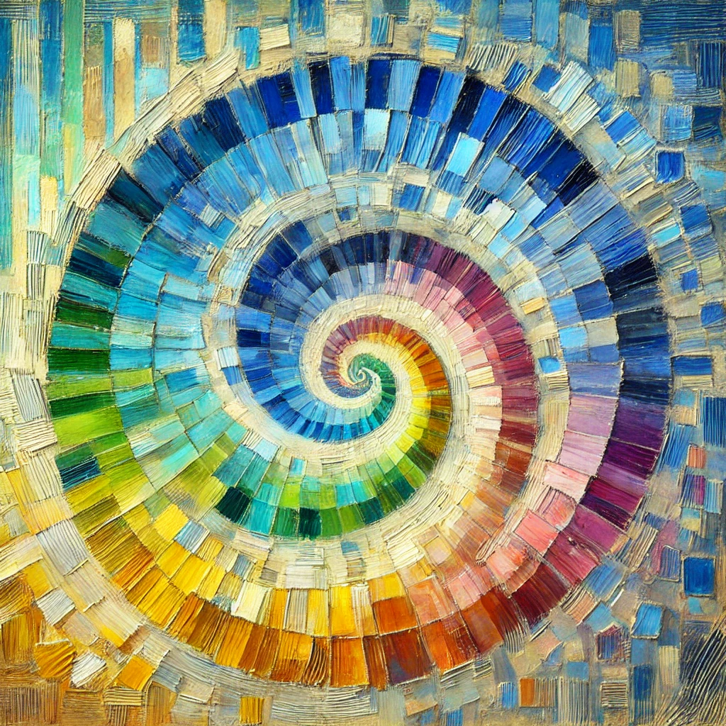 Peinture impressionniste d'une spirale représentant un curriculum. Les couleurs, partant de tons pastels au centre, deviennent progressivement plus vives et audacieuses vers l'extérieur. La spirale comporte des nuances de bleu, vert et jaune, avec des coups de pinceau visibles, reflétant le style impressionniste. L'arrière-plan est subtil, mettant en valeur l'intensité croissante des couleurs dans la spirale."