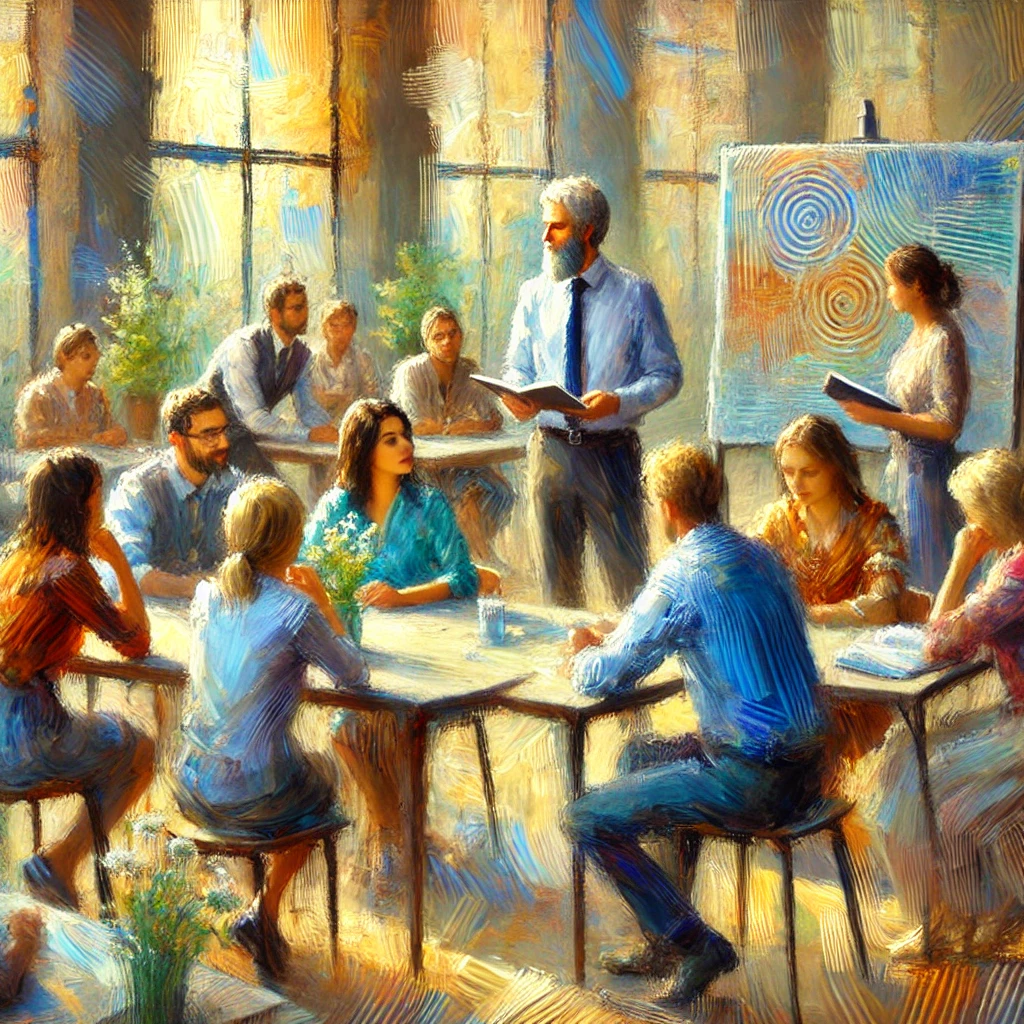 Peinture impressionniste représentant un cadre de formation d'adultes, illustrant le concept de la Zone Proximale de Développement. L'image montre un éducateur adulte interagissant avec un groupe diversifié d'apprenants adultes, les guidant à travers un exercice collaboratif. Les apprenants participent activement, discutent des idées et partagent leurs connaissances. L'environnement est une salle de classe moderne ou un atelier, avec des coups de pinceau doux et vibrants typiques de l'art impressionniste. L'arrière-plan est flou, suggérant le mouvement et mettant l'accent sur l'interaction dynamique entre l'éducateur et les apprenants. L'atmosphère générale est énergique, axée sur la croissance et l'apprentissage soutenu."