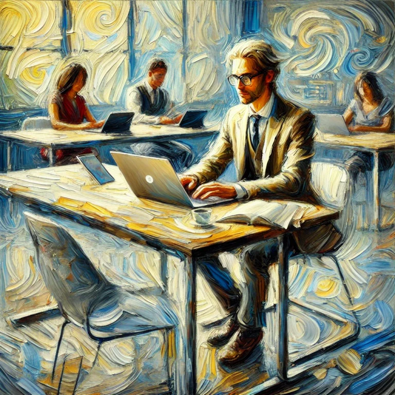 Une peinture de style impressionniste représentant un apprenant adulte dans un environnement d'apprentissage moderne. L'individu, d'âge moyen est assis à un bureau contemporain avec un ordinateur portable ouvert, entouré de dispositifs numériques tels qu'une tablette et un smartphone. L'expression de son visage montre un moment de découverte et de réalisation, comme s'il venait de comprendre un nouveau concept. La pièce est lumineuse, baignée de lumière naturelle, avec des coups de pinceau abstraits qui créent un sentiment de mouvement et d'énergie.