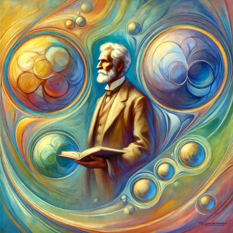 Image impressionniste représentant Jerome Bruner, un homme âgé en posture réfléchie, au centre de trois sphères abstraites symbolisant ses modes d'acquisition des connaissances : action, image et langage. Les sphères sont colorées dans des tons pastel qui s'intensifient progressivement, illustrant la progression du savoir. Bruner tient un livre ouvert, entouré de lignes fluides qui représentent l'interconnexion et l'évolution de l'apprentissage. L'arrière-plan est vibrant, avec des coups de pinceau doux dans des teintes de bleu clair, vert et jaune, évoquant une atmosphère de croissance intellectuelle.