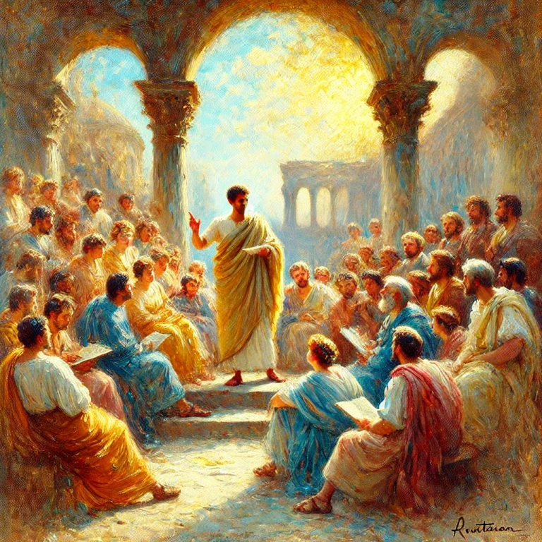 Tableau impressionniste représentant Quintilien enseignant dans la Rome antique. Il se tient debout devant un groupe d'élèves assis en demi-cercle, tenant des rouleaux de parchemin. En arrière-plan, des colonnes et des arches romaines encadrent la scène.