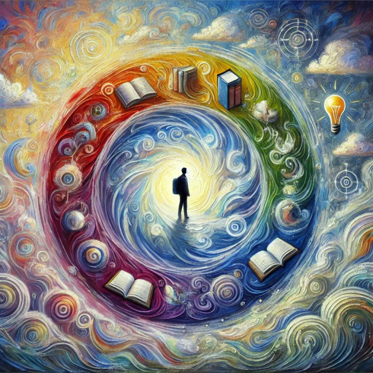 Une peinture impressionniste représentant un apprenant placé au centre d'un grand cercle, symbolisant le processus d'apprentissage. Des éléments abstraits tels que des livres et des ampoules flottent autour de l'apprenant, illustrant la réflexion, la croissance et l'acquisition de connaissances. Les couleurs passent des tons doux aux teintes vibrantes à mesure que l'on se déplace vers l'extérieur du cercle, suggérant une progression dans le cycle d'apprentissage.
