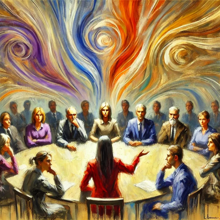 Peinture impressionniste d'une réunion de groupe virtuelle. Au centre, un participant est représenté avec des couleurs vives et tranchantes, symbolisant une présence dominante et perturbatrice. Autour de lui, les autres participants sont montrés dans des tons plus doux et atténués, représentant le désengagement et le retrait. Un facilitateur se tient sur le côté, observant avec une posture préoccupée. L'arrière-plan est rempli de coups de pinceau abstraits et tourbillonnants, mélangeant des tons chauds et froids pour exprimer la tension émotionnelle et le déséquilibre dans la dynamique du groupe.