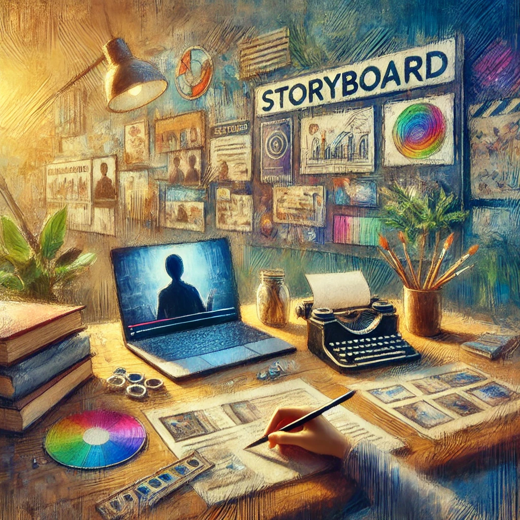 Tableau impressionniste représentant un bureau où se trouvent des storyboards, des croquis et des notes dispersés, ainsi qu'un ordinateur portable affichant une vidéo éducative de 3 minutes. L'éclairage doux met en valeur un environnement studieux et créatif, avec des couleurs qui passent progressivement de subtiles à vibrantes. En arrière-plan, des formes abstraites évoquent des outils pédagogiques comme des livres et des dispositifs numériques. Les coups de pinceau fluides capturent le processus de réflexion et de création.