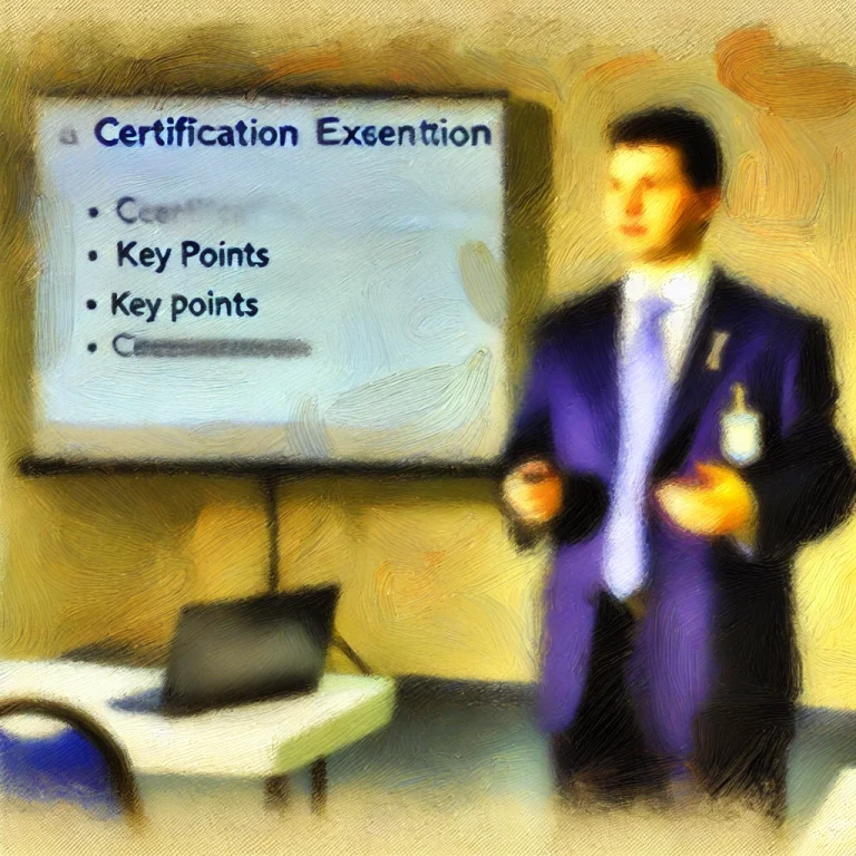 Peinture impressionniste représentant un présentateur lors d'une présentation pour un examen de certification. Le présentateur se tient près d'un écran affichant des points clés. Son expression est concentrée, et ses gestes soulignent les idées importantes. L'arrière-plan est flou, avec des couleurs douces et chaudes, créant une ambiance calme et sereine, typique d'un environnement professionnel.