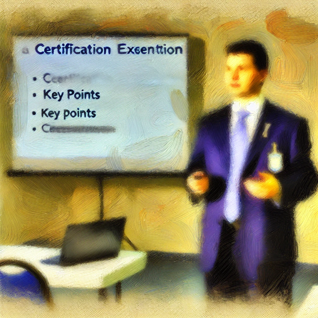 Peinture impressionniste représentant un présentateur lors d'une présentation pour un examen de certification. Le présentateur se tient près d'un écran affichant des points clés. Son expression est concentrée, et ses gestes soulignent les idées importantes. L'arrière-plan est flou, avec des couleurs douces et chaudes, créant une ambiance calme et sereine, typique d'un environnement professionnel.