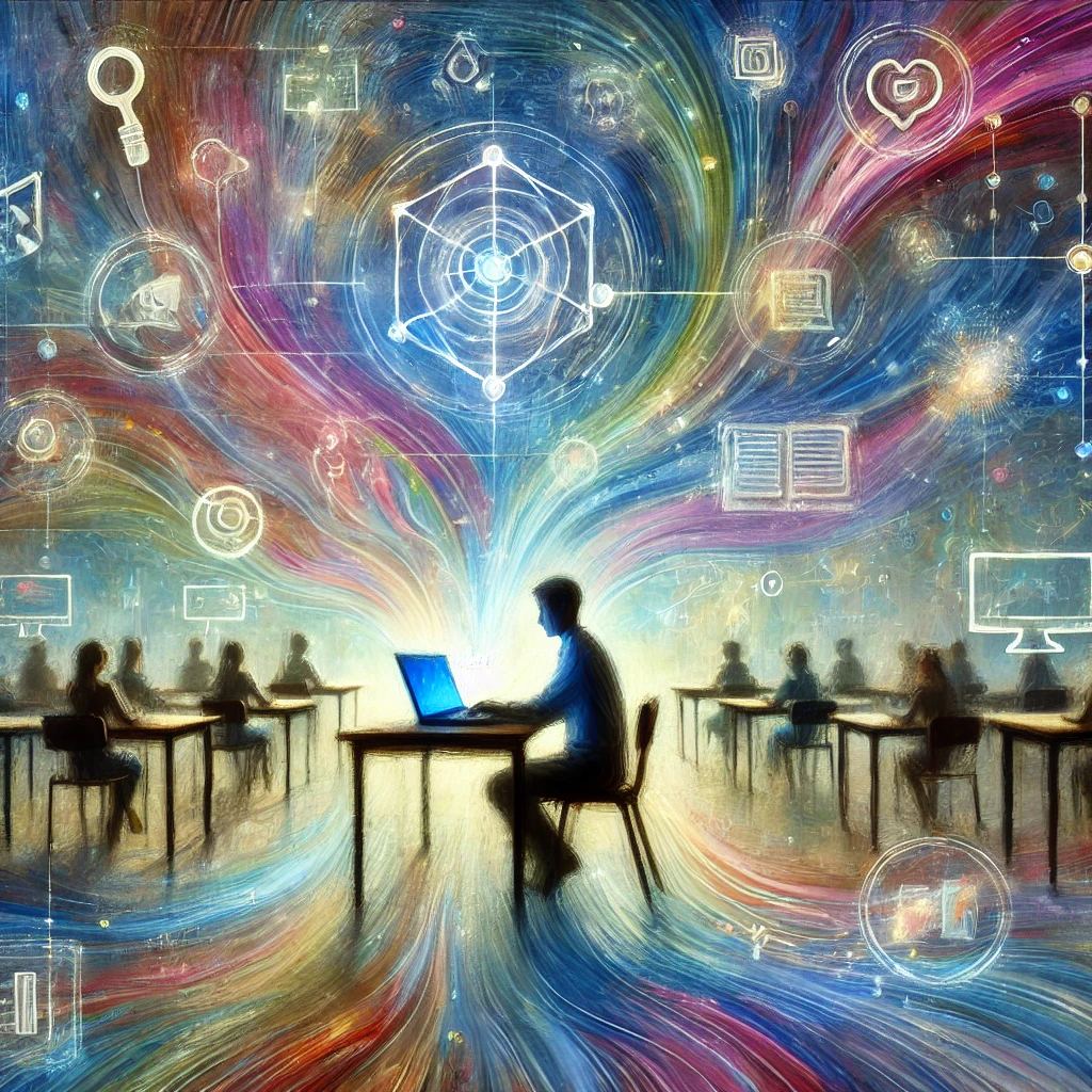 Illustration impressionniste d'un environnement d'apprentissage virtuel. Une personne est assise à un bureau, utilisant un ordinateur portable. Des formes abstraites et colorées symbolisent la collaboration et l'échange de connaissances dans un contexte de formation en ligne. Le fond suggère des écrans interconnectés et des apprenants distants engagés.