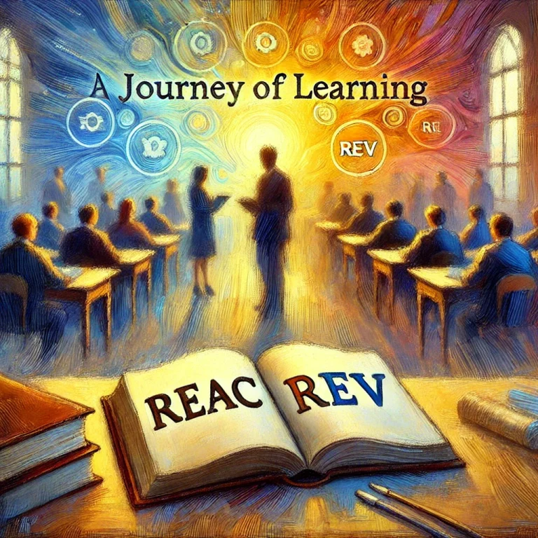 "Illustration impressionniste représentant un parcours d'apprentissage pour les formateurs professionnels. Un livre ouvert marqué 'REAC' et un parchemin étiqueté 'REV' sont posés sur un bureau, symbolisant le savoir et la guidance. À l'arrière-plan, des silhouettes floues de formateurs et d'apprenants dans un environnement d'apprentissage actif.