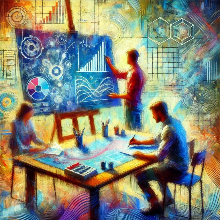Un tableau impressionniste IA représentant deux individus dans un espace de travail collaboratif. L'un, symbolisant un ingénieur de formation, est penché sur des plans globaux et des schémas abstraits, l'autre, représentant un formateur, prépare des détails de cours, entouré de supports pédagogiques.