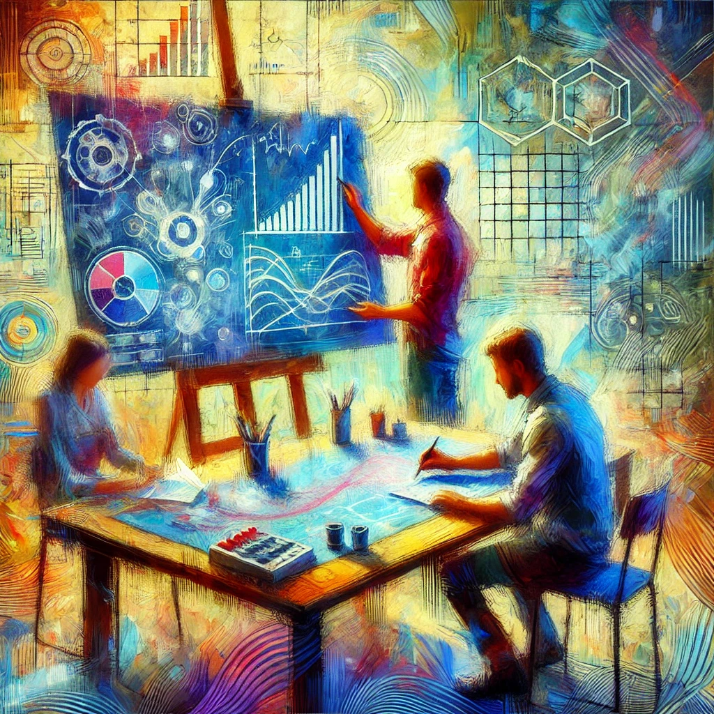 Un tableau impressionniste IA représentant deux individus dans un espace de travail collaboratif. L'un, symbolisant un ingénieur de formation, est penché sur des plans globaux et des schémas abstraits, l'autre, représentant un formateur, prépare des détails de cours, entouré de supports pédagogiques.