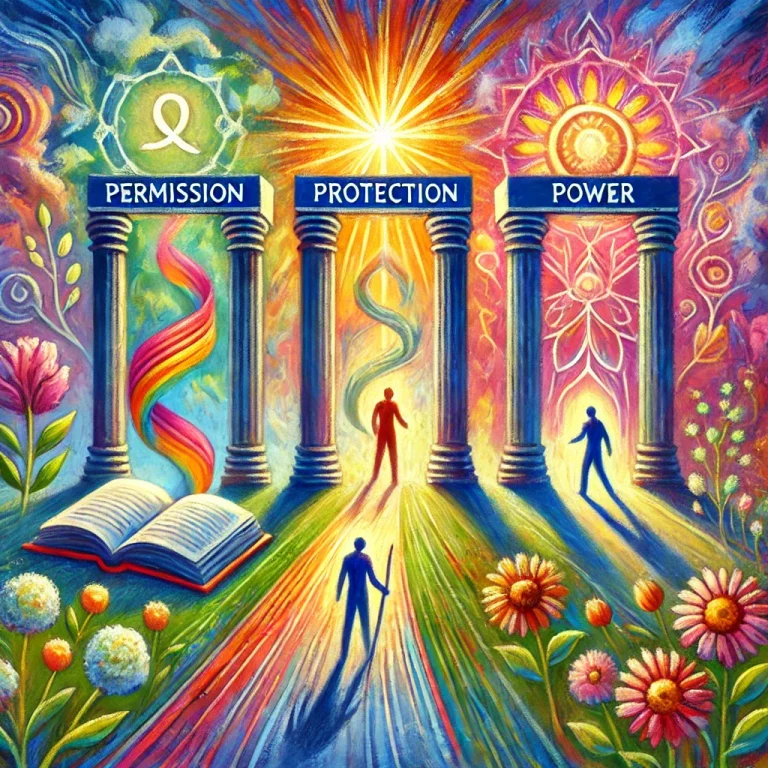 "Illustration impressionniste colorée représentant trois piliers étiquetés Permission, Protection et Puissance, symbolisant un environnement d'apprentissage bienveillant. Chaque pilier est entouré d'éléments de croissance tels que des fleurs, un livre ouvert, et des rayons de soleil. Des figures abstraites collaborent dans un cadre extérieur lumineux, évoquant l'exploration, la sécurité, et l'autonomie."