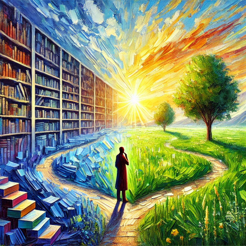 Une peinture impressionniste représentant un dilemme en éducation. À gauche, des chemins structurés et des étagères de livres bien ordonnées symbolisent la rigueur et la qualité. À droite, une prairie ouverte avec des traits de pinceaux fluides et libres incarne la créativité et la liberté. Au centre, une figure contemplative se tient entre les deux, réfléchissant à l'équilibre. image IA