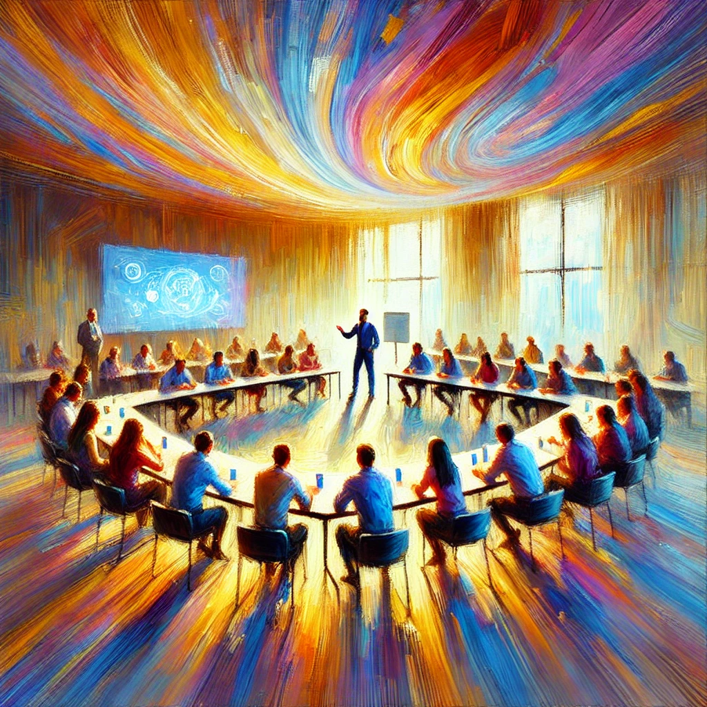 "Peinture impressionniste d'une séance de formation animée, avec des tables disposées en forme de U. Un formateur engage activement des participants attentifs, créant un environnement collaboratif