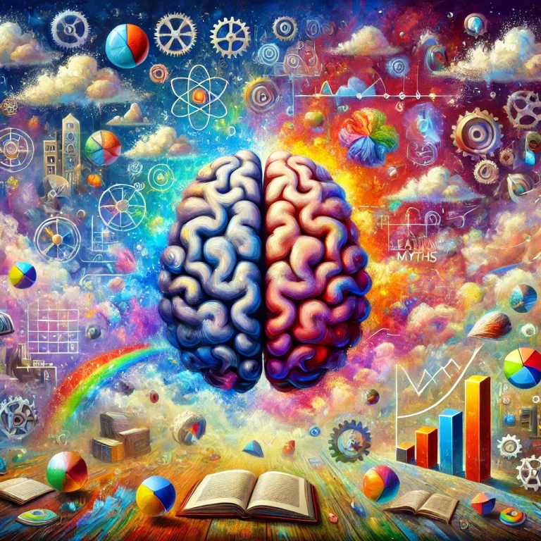 Peinture impressionniste représentant les neuromythes en éducation. L'image montre un cerveau abstrait divisé en deux parties, entouré de symboles flottants comme des livres, des graphiques et des pyramides. Certains éléments se dissolvent, illustrant la déconstruction des idées reçues sur l'apprentissage, notamment les styles d'apprentissage et les mythes sur le cerveau gauche/droit. Les couleurs vives et les formes dynamiques évoquent la tension entre les mythes éducatifs et les vérités scientifiques