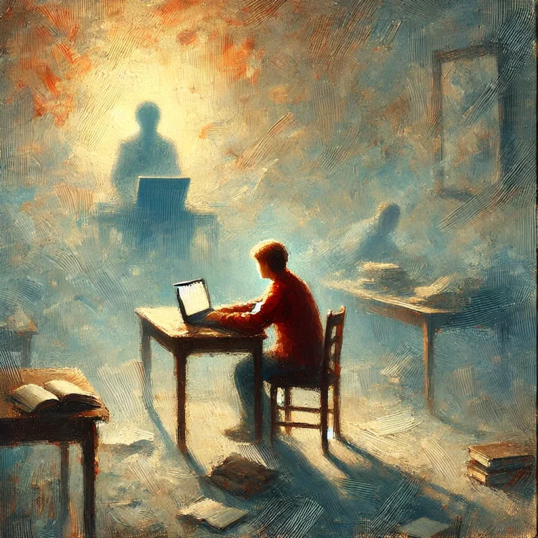 Peinture impressionniste créée par IA, représentant les défis de l'apprentissage en ligne. Un apprenant est assis seul à un bureau avec un ordinateur portable, dans une pièce sombre et peu meublée, symbolisant des ressources limitées. Une figure floue, à l'arrière-plan, évoque la présence distante d'un coach. Les couleurs douces et tamisées dominent, tandis que des nuances chaudes mettent en avant la résilience et l'espoir de l'apprenant"