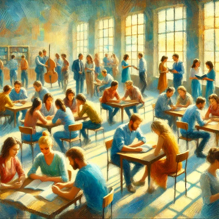 Une peinture impressionniste IA représentant un groupe d'adultes interagissant dans un cadre lumineux et accueillant, symbolisant l'apprentissage collaboratif. Les individus, diversifiés en âge et expérience, échangent idées et expériences, reflétant les principes clés de l'andragogie : autonomie, motivation intrinsèque et apprentissage pratique