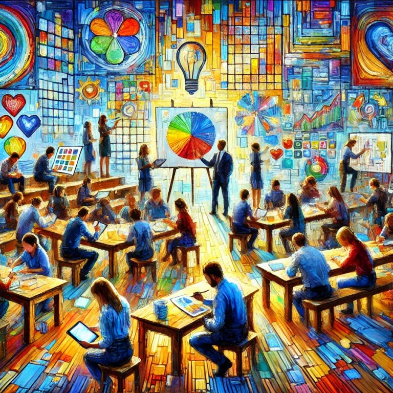 Une peinture impressionniste IA illustrant un environnement éducatif dynamique. Des apprenants collaborent à la création d'affiches colorées et de schémas visuels tout en utilisant des outils numériques comme des tablettes et des ordinateurs portables. La scène met en valeur la créativité et la modernité, avec un facilitateur guidant le groupe dans une salle baignée de lumière