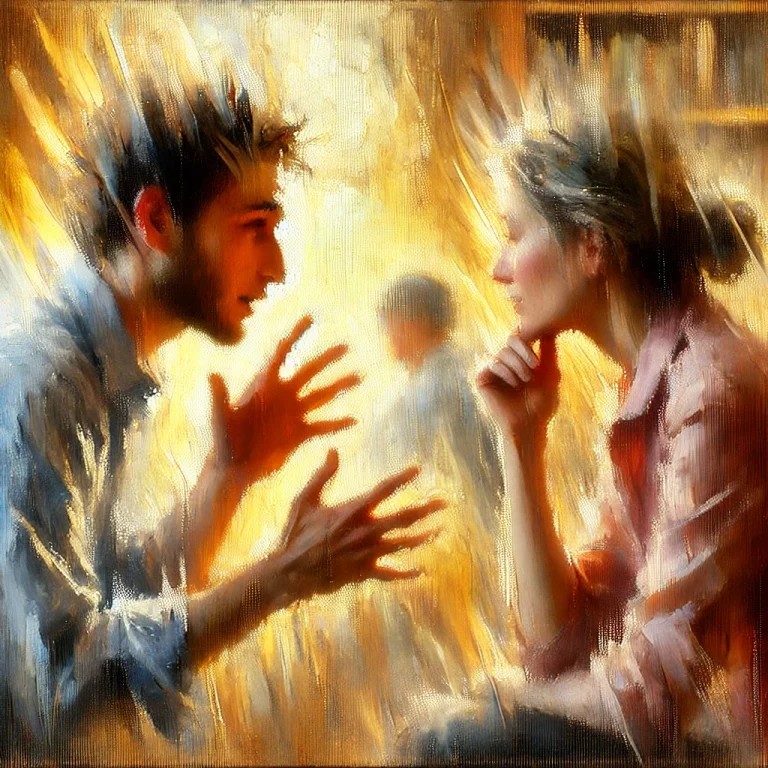 Une peinture de style impressionniste faite pa IA, représentant deux personnes en pleine communication. L'une parle avec des gestes expressifs, tandis que l'autre écoute attentivement avec un léger hochement de tête. L'arrière-plan flouté aux tons chauds évoque une atmosphère accueillante et harmonieuse. Des détails subtils, comme des étagères de livres et des plantes, suggèrent un environnement paisible et réfléchi, mettant en avant les thèmes d'empathie et de respect mutuel."