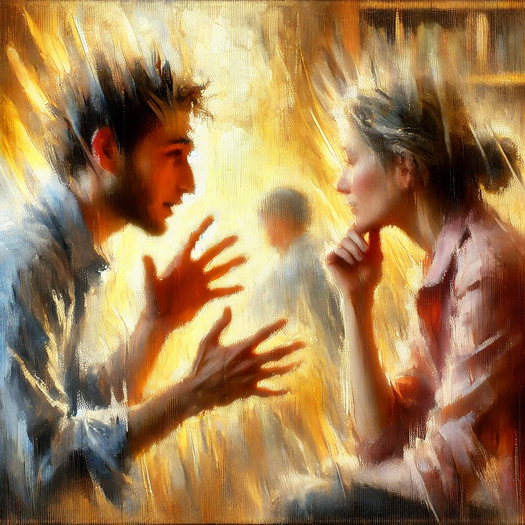 Une peinture de style impressionniste faite pa IA, représentant deux personnes en pleine communication. L'une parle avec des gestes expressifs, tandis que l'autre écoute attentivement avec un léger hochement de tête. L'arrière-plan flouté aux tons chauds évoque une atmosphère accueillante et harmonieuse. Des détails subtils, comme des étagères de livres et des plantes, suggèrent un environnement paisible et réfléchi, mettant en avant les thèmes d'empathie et de respect mutuel."