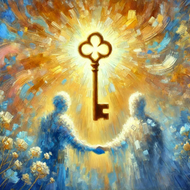 Image IA : Une peinture impressionniste représentant une grande clé en or symbolisant les mots-clés. Au premier plan, deux personnes se serrent la main, illustrant l'accueil, la co-construction d'un parcours de formation, et le tutorat à distance.