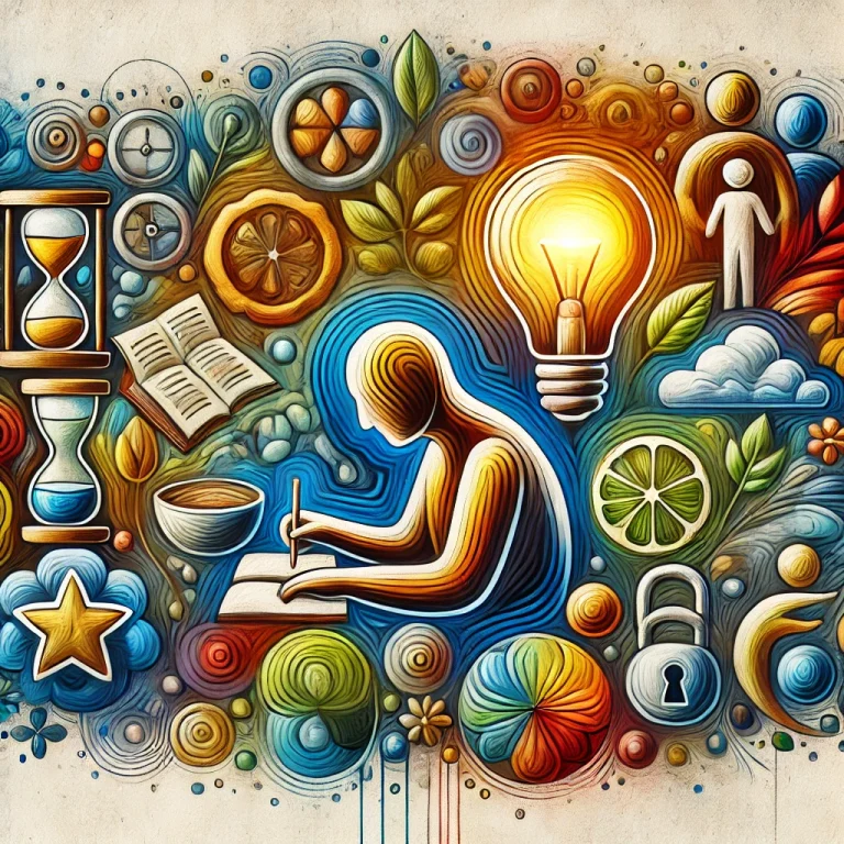 Image créée par IA : Un apprenant adulte assis au centre, symbolisant l'acquisition de connaissances. Autour de lui, des éléments représentant les besoins fondamentaux selon Maslow : de la nourriture et un verre d'eau pour les besoins physiologiques, un verrou pour la sécurité, un groupe d'amis pour l'appartenance, et un projet lumineux illustrant l'accomplissement de soi.