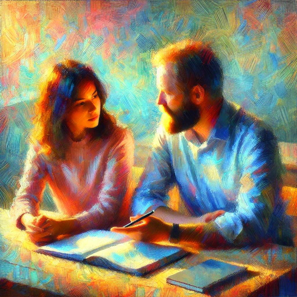 Peinture impressionniste faite par IA, montrant deux adultes en pleine session d'accompagnement individuel. Ils sont assis face à face, engagés dans un échange attentif et chaleureux. L'environnement est intime, avec des éléments comme un carnet, un stylo et un ordinateur portable visibles, symbolisant un mélange de méthodes traditionnelles et modernes. Les couleurs vibrantes et douces reflètent une ambiance de collaboration, de respect mutuel et de soutien.