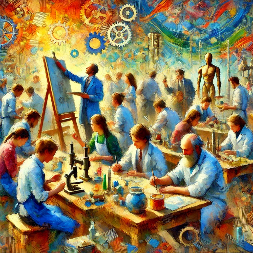 Image impressionniste créée par IA, montrant des apprenants découvrant un métier par une approche expérientielle. L'image dépeint un atelier animé où les participants, en interaction, manipulent des outils, expérimentent et apprennent activement par la pratique, reflétant une pédagogie moderne et collaborative."